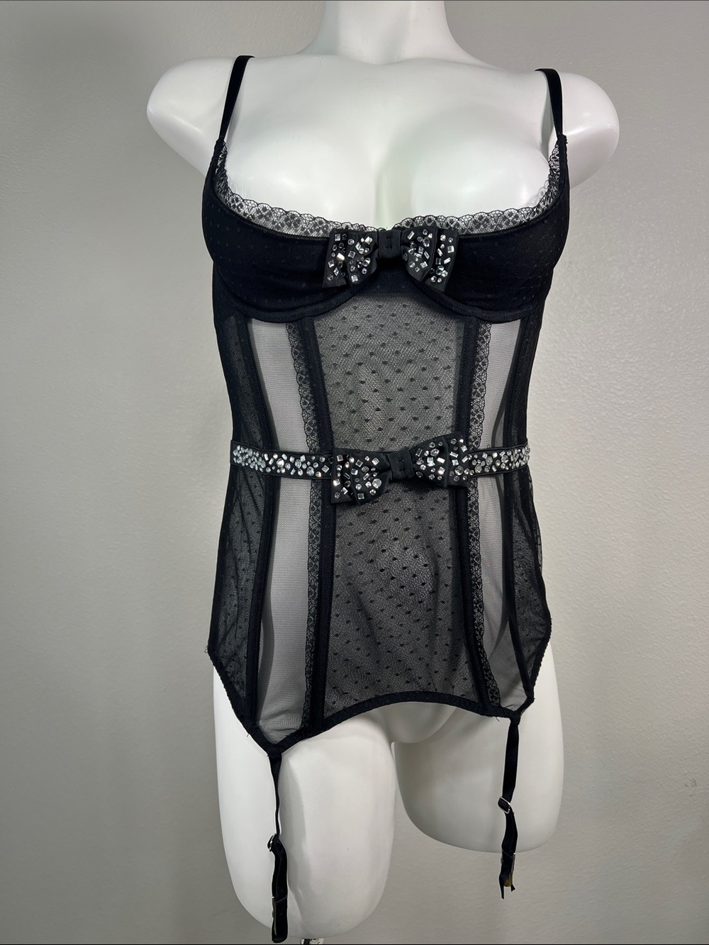 Victoria's Secret Black Sheer Crystal Bustier Chemise with Bows & Garters MED